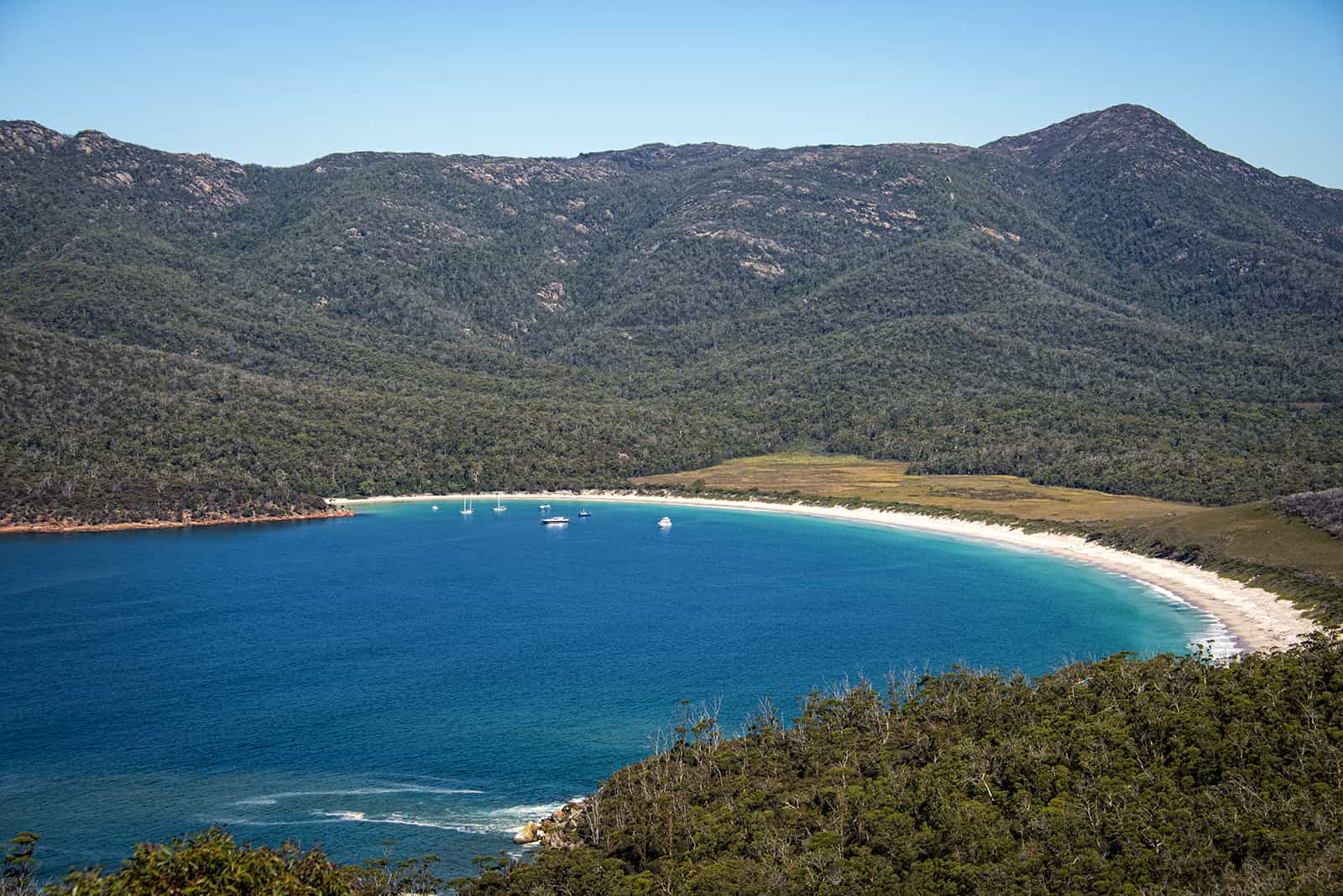 View of Wineglass Bay from Mt Amos | Explore Tasmania's Coles Bay by kayak