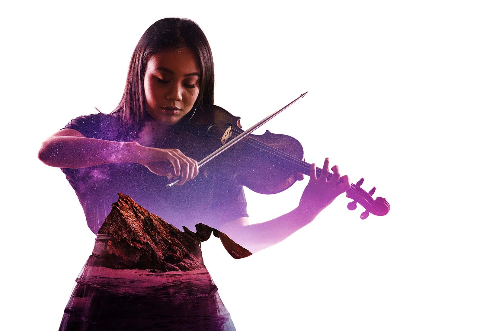 silhouette of a lady playing violin on  a white background. The silhouette of her body is a picture  of a rocky planet with the starts seen above. 