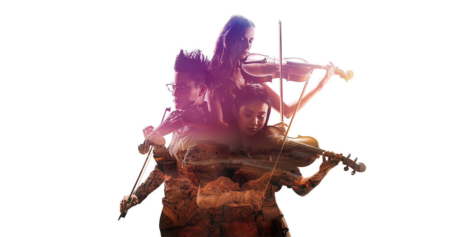 Silhouette of three violinists ona white background. The silhouette shows an image of an ancient stone building