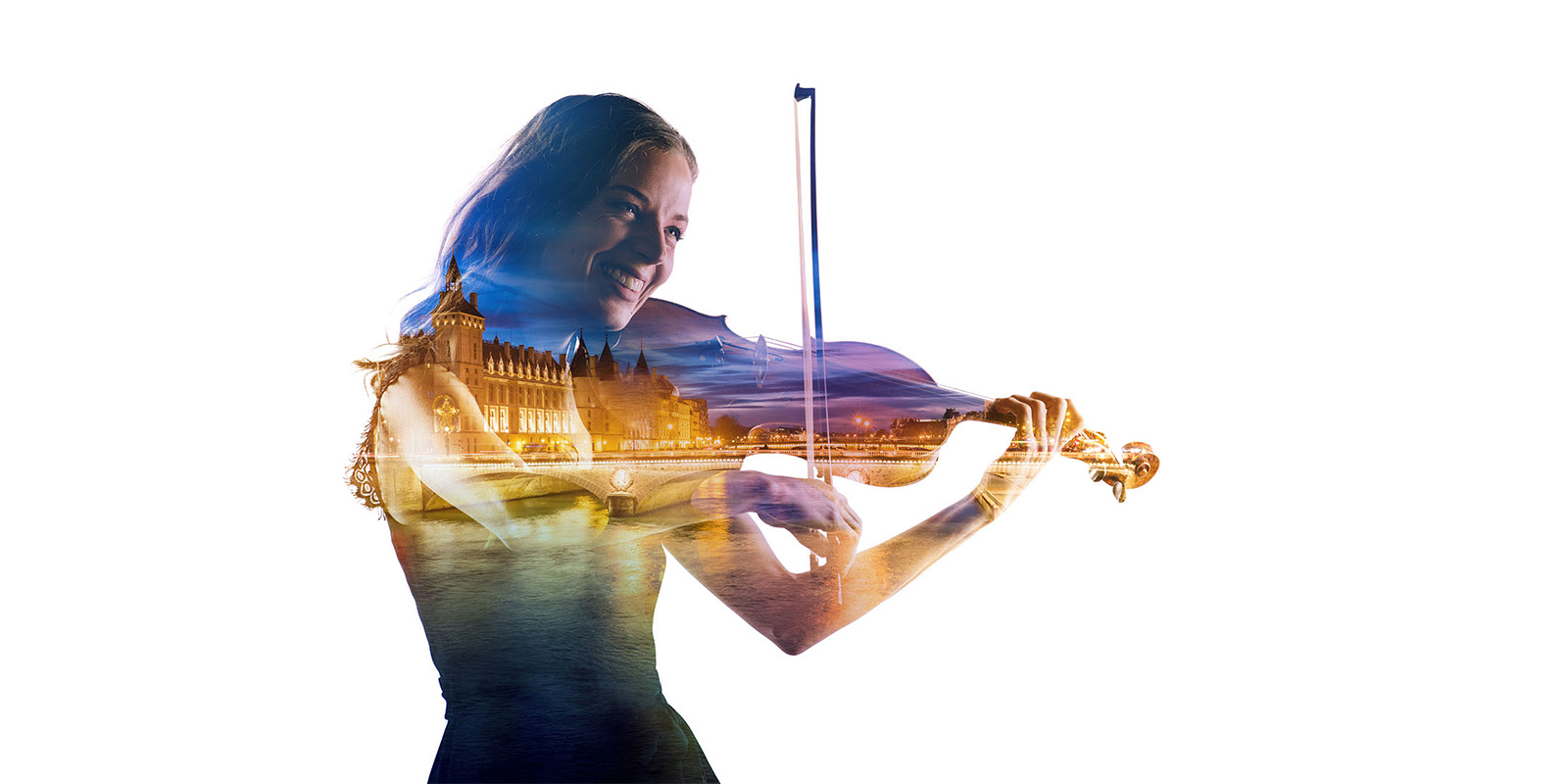 Silhouette of a lady playing violin on a white background. The silhoutte shows a picture of a european building, bridge and river