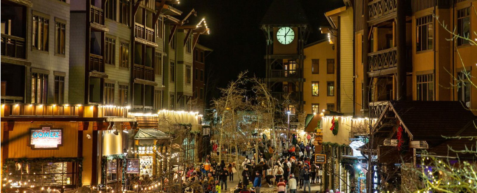 Mammoth Lakes town in winter at night