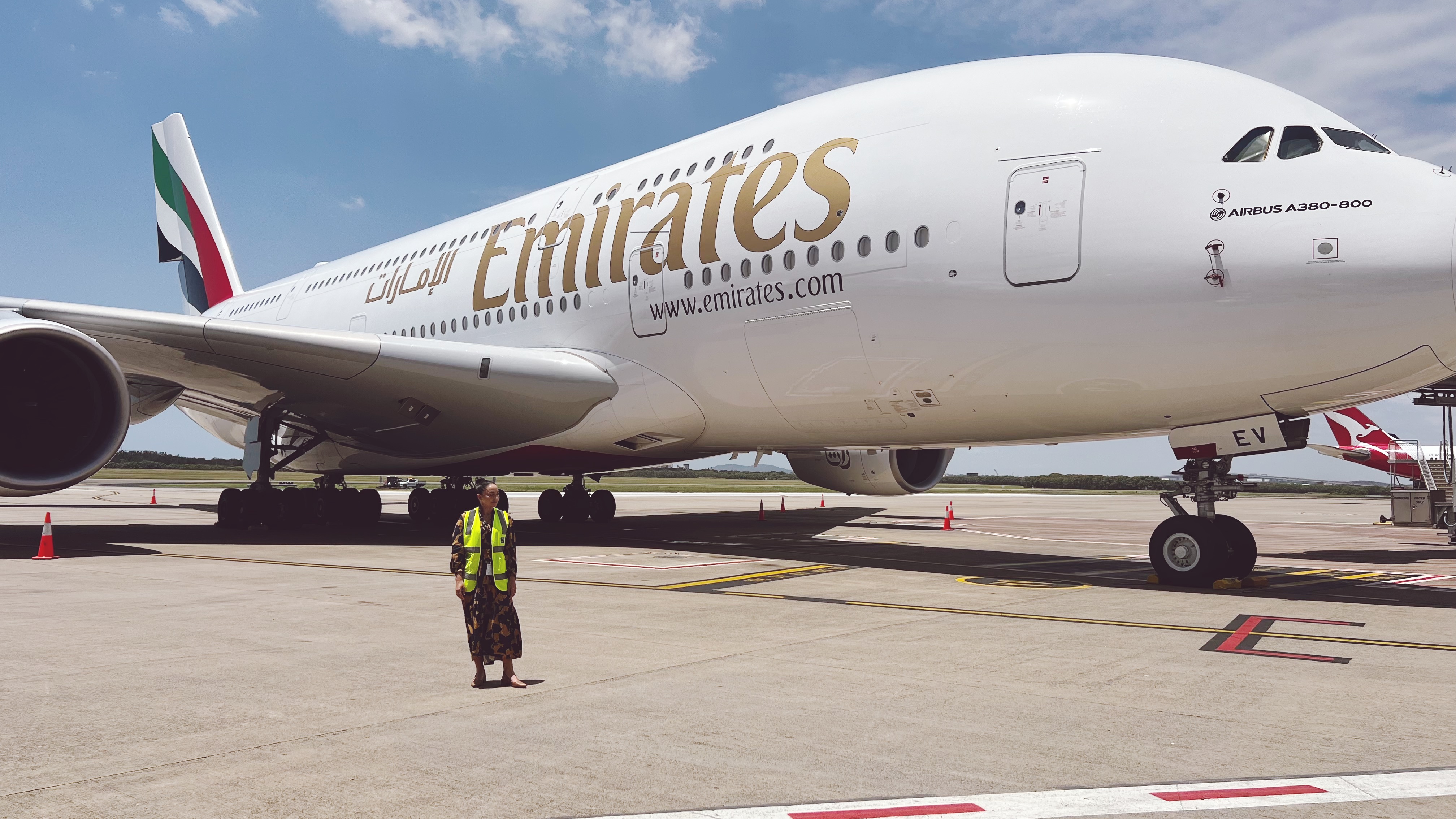 Lauren standing in front of the Emirates A380