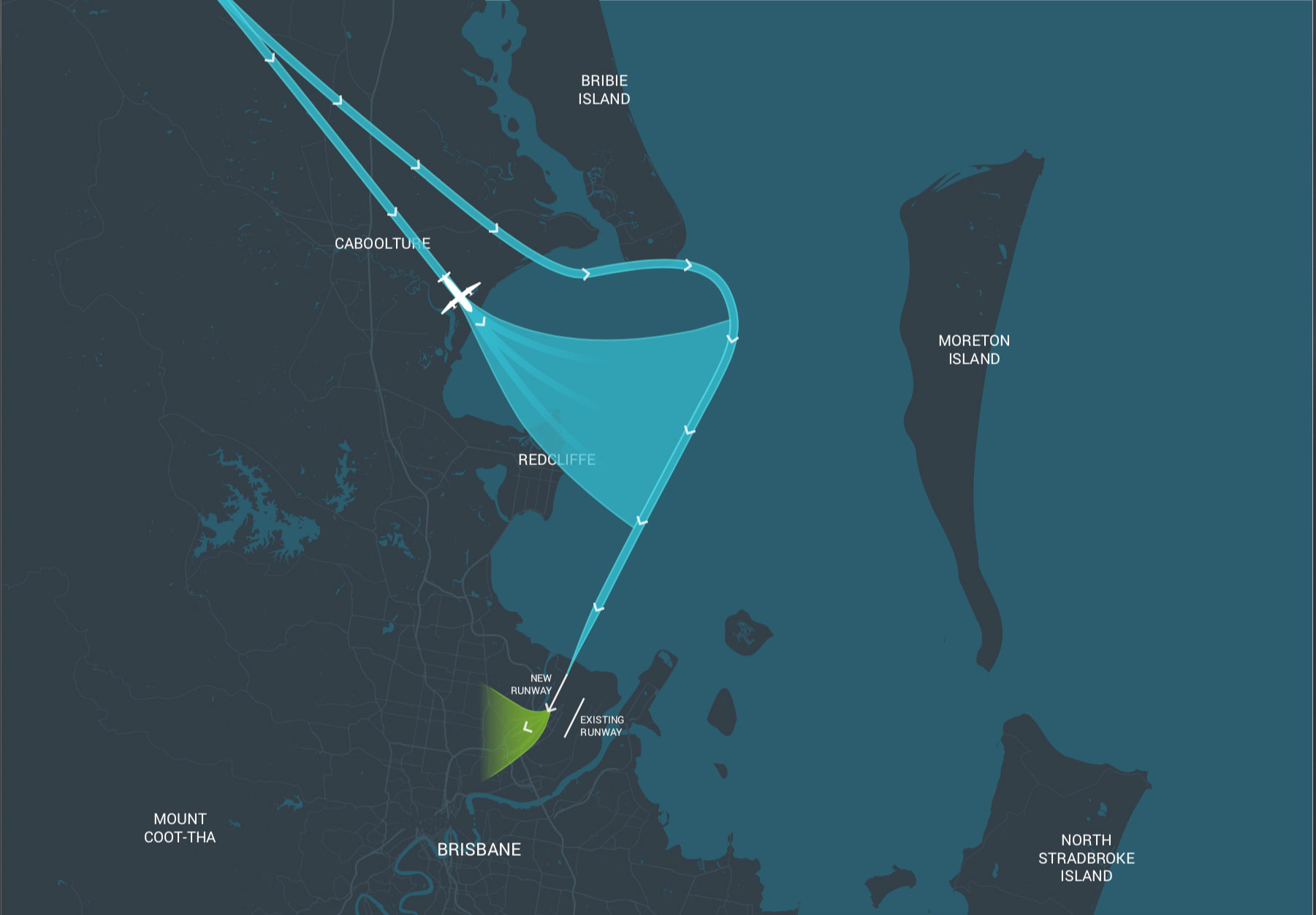 Map showing the flightpath to Brisbane which comes across Caboolture and Redcliffe