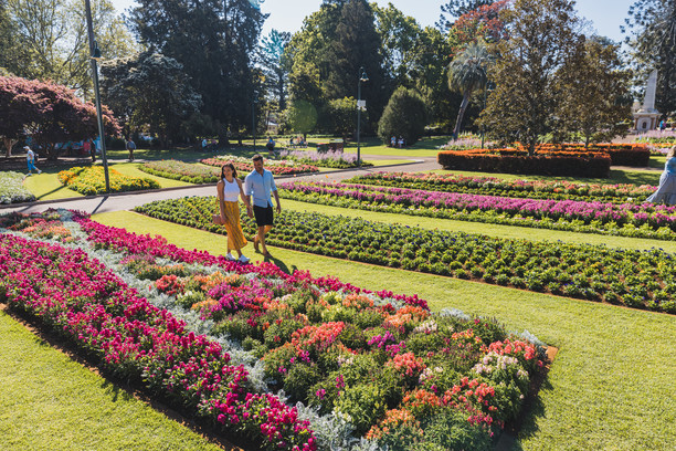 Woman and man walking through a garden with flowers