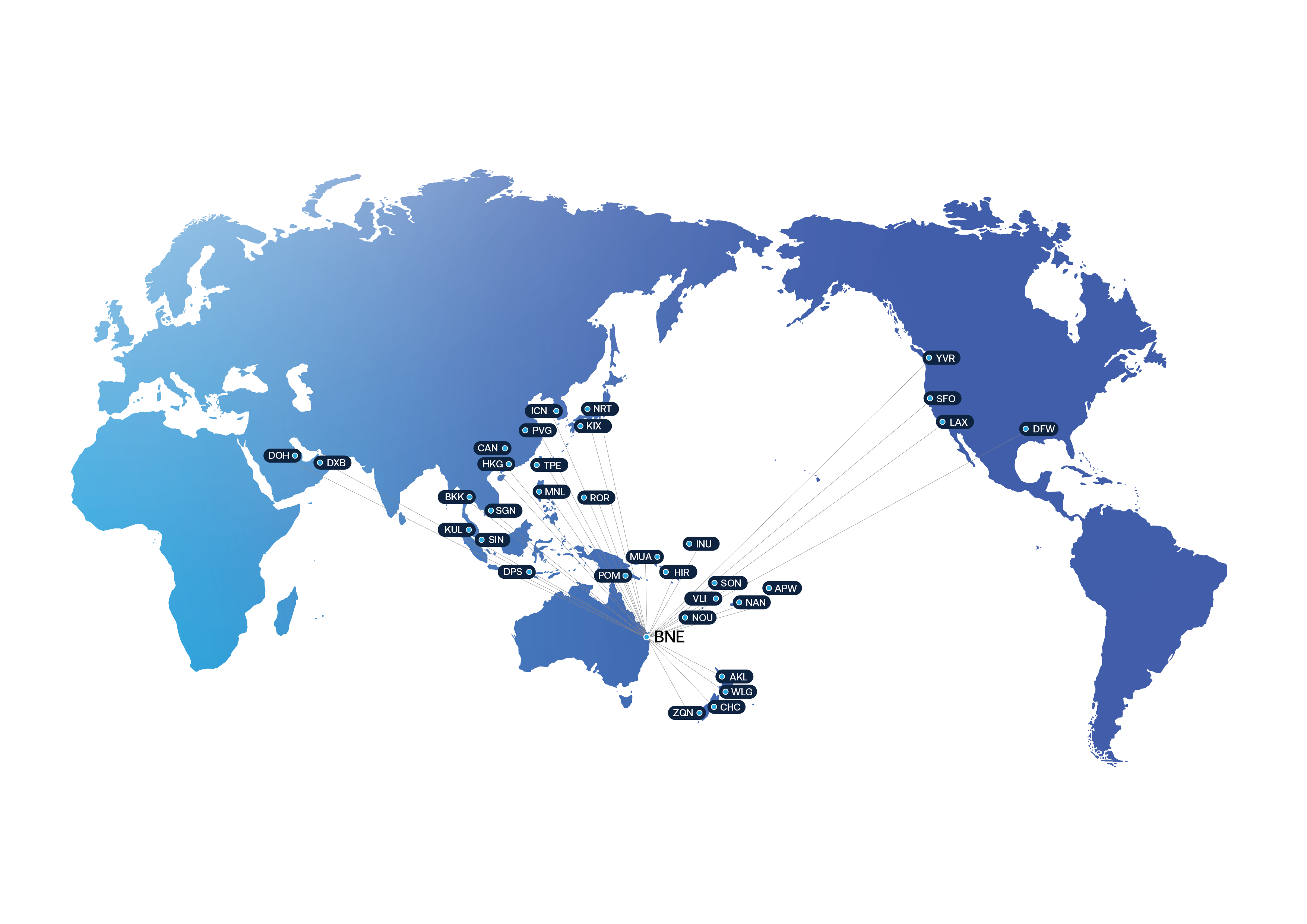 World map showing where you can fly from BNE
