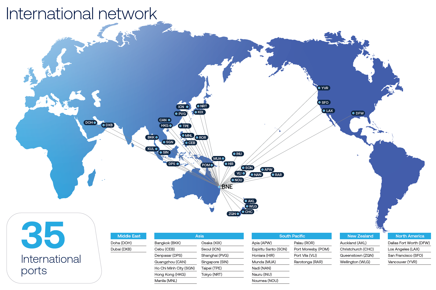 World map showing where you can fly from BNE