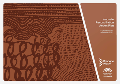 Brisbane Airport Reconciliation Action Plan 2025 front cover brown Land, Sea & Sky artwork