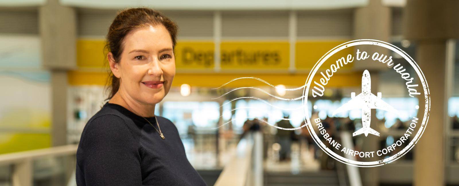 Jodie Punshon at domestic terminal departures Welcome to our World stamp
