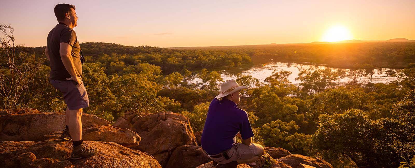 Bram Collins (in hat) and Michael Nelson watching a sunrise over the '100 Mile Wetland' which fills with water only once every two decades (on average) | Queensland's volcanic history uncovered