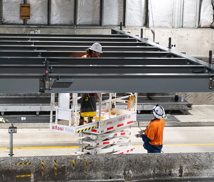Steel frame construction in baggage area