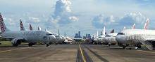 Many planes parked on runway at Brisbane Airport during Covid 19 shut downs