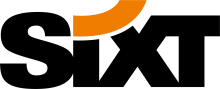 Sixt logo - black text with stylised orange swish as the dot on the letter i 