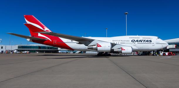 The last of Qantas' 747 fleet, VH-OEJ, at Brisbane Airport 15 July 2020