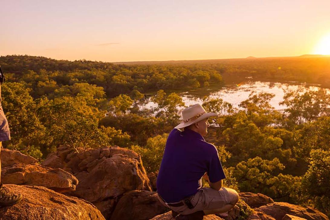 Bram Collins (in hat) and Michael Nelson watching a sunrise over the '100 Mile Wetland' which fills with water only once every two decades (on average) | Queensland's volcanic history uncovered