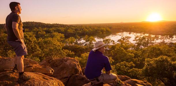 Bram Collins (in hat) and Michael Nelson watching a sunrise over the '100 Mile Wetland' which fills with water only once every two decades (on average) | Queensland's volcanic history uncovered