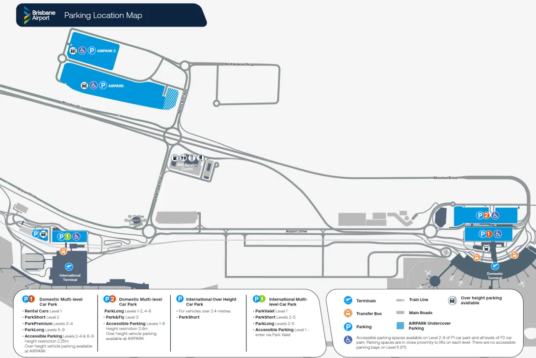 Image of locations of all parking at Brisbane Airport